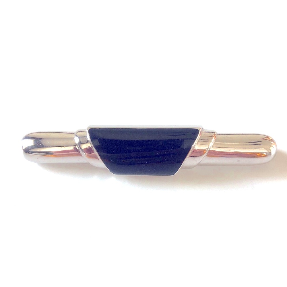 Vintage Monet Silver Tone & Black Enamel Modernist Bar Brooch